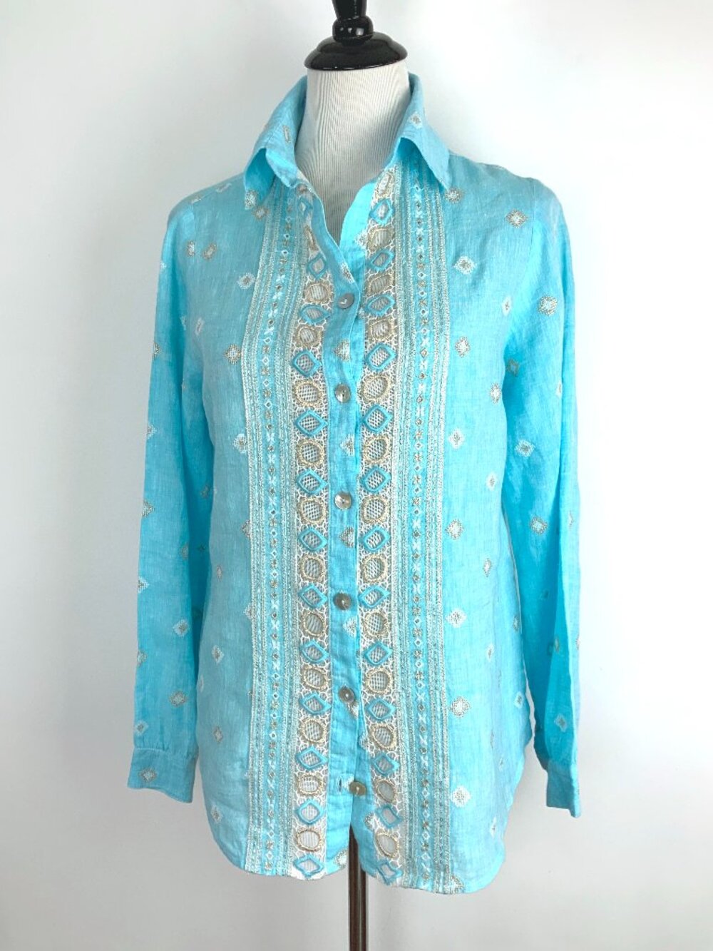 Temptation Positano Blue Straight Cut Embroidered Bohemian Linen Blouse Sz M - Picture 11 of 16